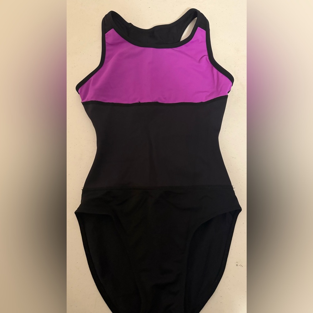 Women's Two-Tone Athletic One-Piece Leotard- Black & Purple